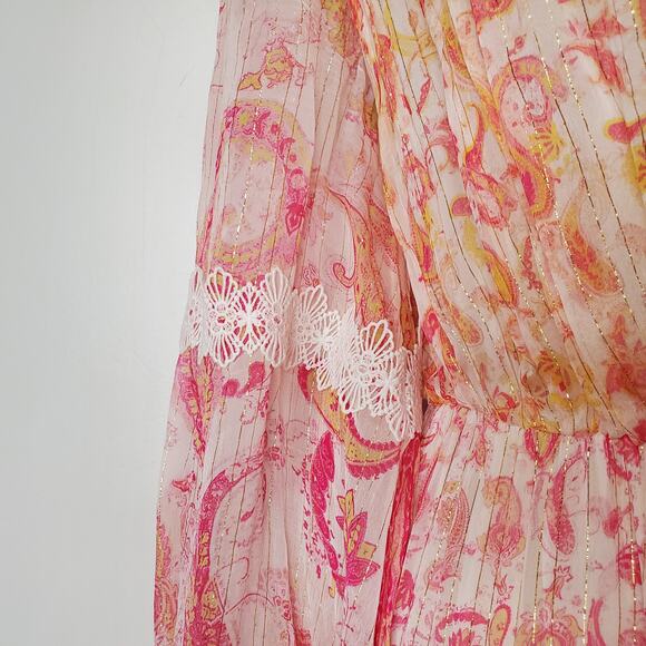 Rococo Sand Candy Dress Paisley Print Maxi Dress Chiffon Lace Pink Size Medium - Picture 8 of 12